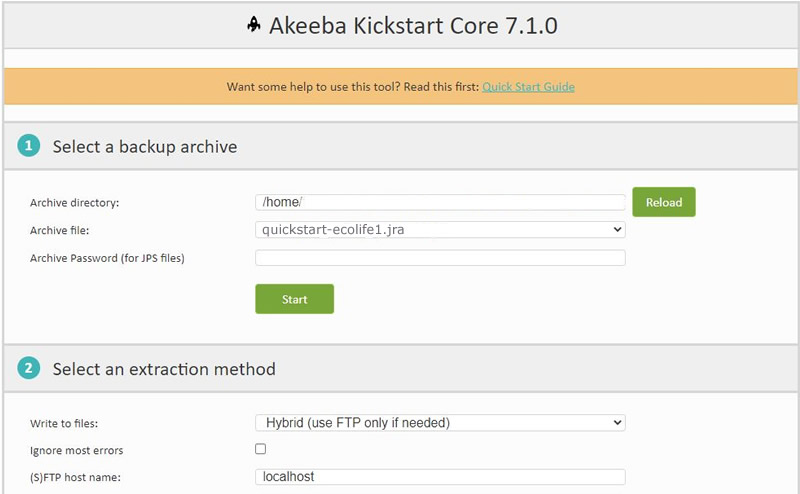 How to unpack Joomla quickstart.jra package, step 2